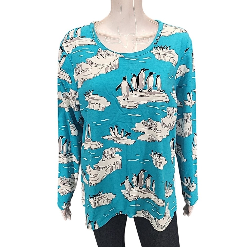 Christopher & Banks Womens Penguin Polar Bear Print Top Blue Petite XL